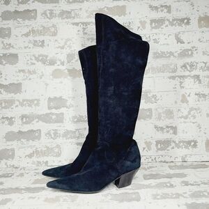 Nine West Worldclass Black Suede Pointed Toe Block Heel Knee High Boots E 684